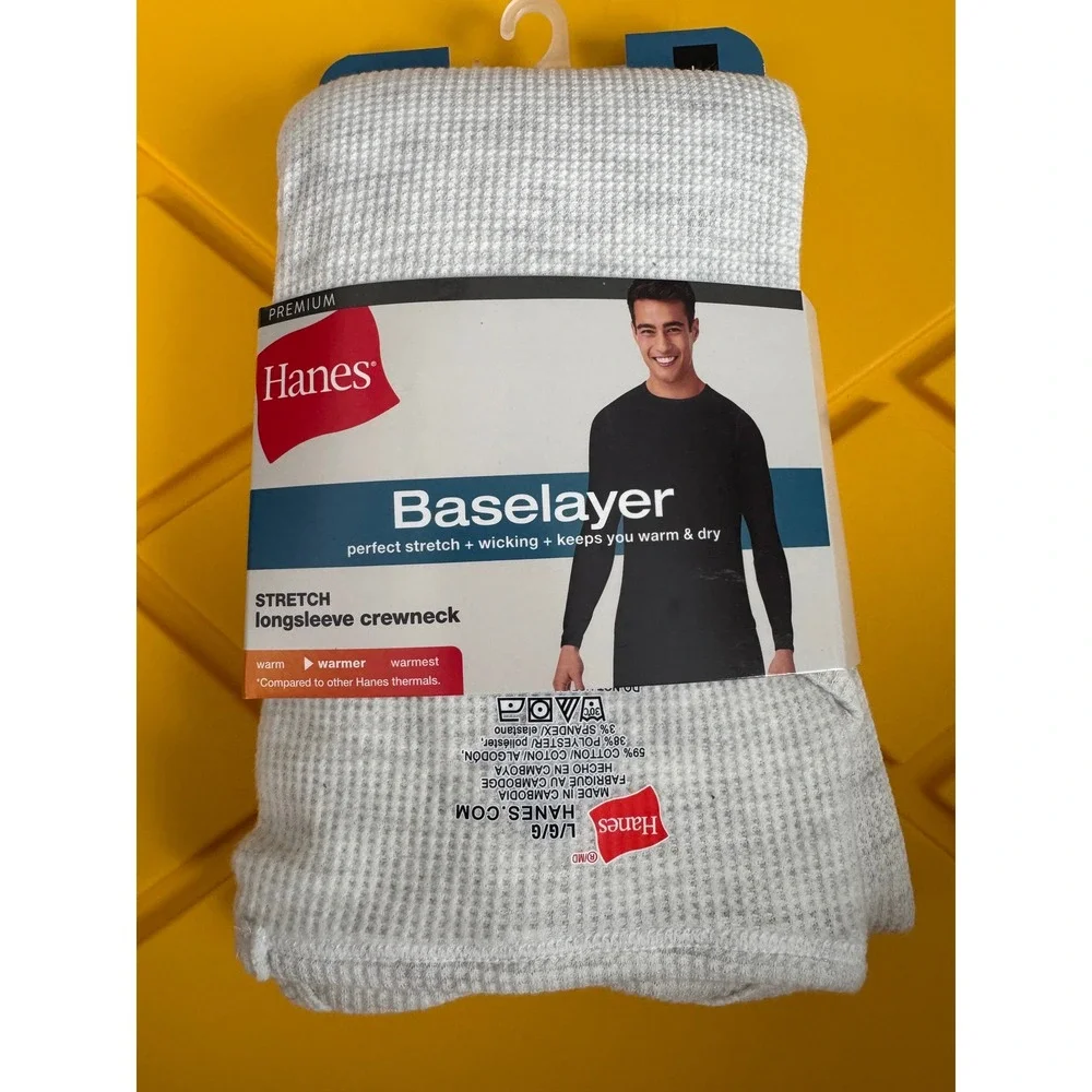 Hanes Premium Baselayer Mens Large Grey Stretch Long Sleeve Crewneck Thermal Top